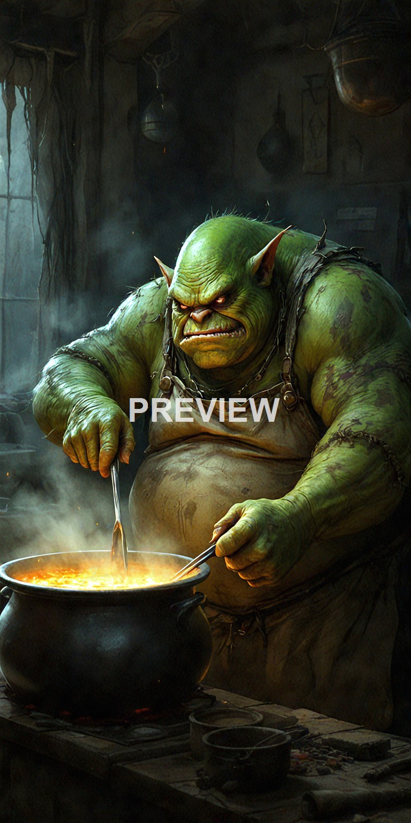 An orc-like creature with green skin, pointed ears, and a muscular build is stirring a bubbling, fiery potion in a large black cauldron inside a dim, rustic wooden room.